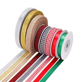 DAZUINIAO 110 Yards Burlap Fabric Ribbon Black and White Gingham Ribbon Red Green Satin Ribbon Metallic Glitter Gold Ribbon for Gift Wrapping, Holiday Christmas Ribbons for Crafts Bows, 3/8inch