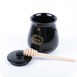 Ceramic Honey Jar with Wooden Dipper,Honey Pot with Dipper and Stand,Bee Decorated Honey Container for Farmhouse Kitchen,Creative Honey Dispenser with Lid(Black)