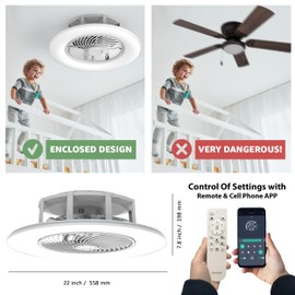 PrimeMall Bladeless Ceiling Fan with Light and Remote Control 22" Low Profile Ceiling Fan Modern Enclosed Multi-Speed Indoor Ceiling Fan 3 Color Temperatures Smart LED.