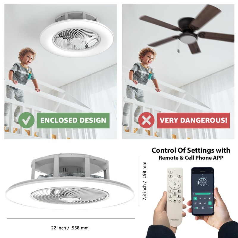 PrimeMall Bladeless Ceiling Fan with Light and Remote Control 22"