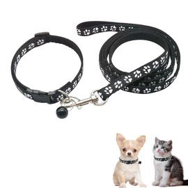 Black Bell Collar for Small Dogs Leash Set, Nylon Paw Print Cat Collar and Leash Adjustable Buckle for Xs XSmall Puppy Dogs Yorkie Chihuahua X-Small