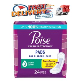 Poise Incontinence Pads for Women, 3 Drop Light Absorbency, Long Length,24 Count