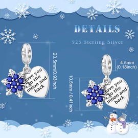 Abalorio de plata de ley con diseño de copo de nieve de Dalaran "I Love You to the Moon and Back" para mujer