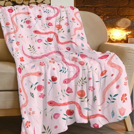 Cute Snake Reptile Blanket Ultra Soft Cozy Pink Flower Snake Throw Blanket Fleece Fuzzy Plush Bedding Blanket Real Snake Lovers Gifts for Women Girls Kids Adults Couch Sofa 50"x40"