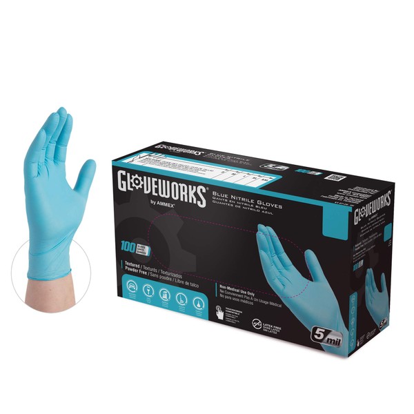 GLOVEWORKS Blue Disposable Nitrile Industrial Gloves, 5 Mil, Latex & Powder-Free, Food-Safe, Textured, Large, Box of 100