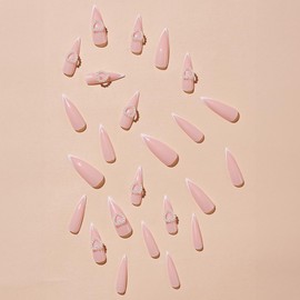 White French Press on Nails Medium Almond Fake Nails Nude Pink Acrylic Nails with 3D Pearl Love Design Spring Glossy Glue on Nails Full Cover False Nails for Women 24Pcs