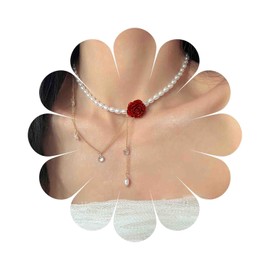 Iaceble Vintage Pearl Rose Flower Necklace Red Rose Choker Necklace White Pearl Beaded Necklace Boho Pearl Crystal Necklace Pearl Wedding Bridal Necklace Jewelry for Women