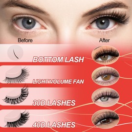 Lash Clusters Extension Kit - 30D+40D Multi-Type Individual Lashes for Natural Bottom & Light Volume, Eyelash Extension Kit with Lash Bond & Seal, Applicator, Liquid Eyeliner,and Remover for Self-Use