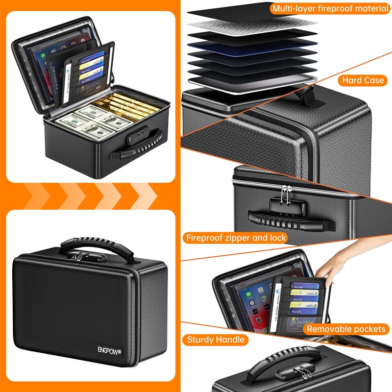 ENGPOW Fireproof Money Box, Small Hard Case Fireproof Box with