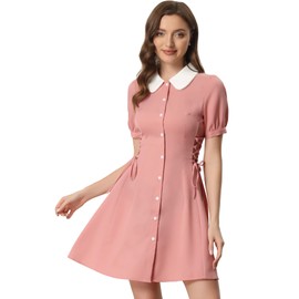 Allegra K Women's Vintage Peter Pan Collar Lace Up Button Down A Line Dress Medium Pink