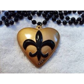 "SAINTS" BLACK & GOLD FLEUR-de-LIS HEART MARDI GRAS NECKLACE BEAD FDL (B455)