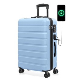 AnyZip Suitcase Hardside PC ABS Lightweight USB Luggage with Wheels TSA Lock Checked-Medium 24 Inch Light Blue