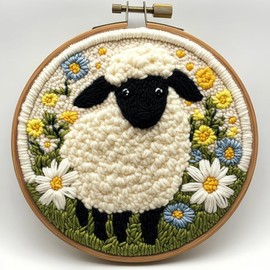 Punch Needle Kits for Beginners Cute Black White Sheep Flowers 20x20cm-5