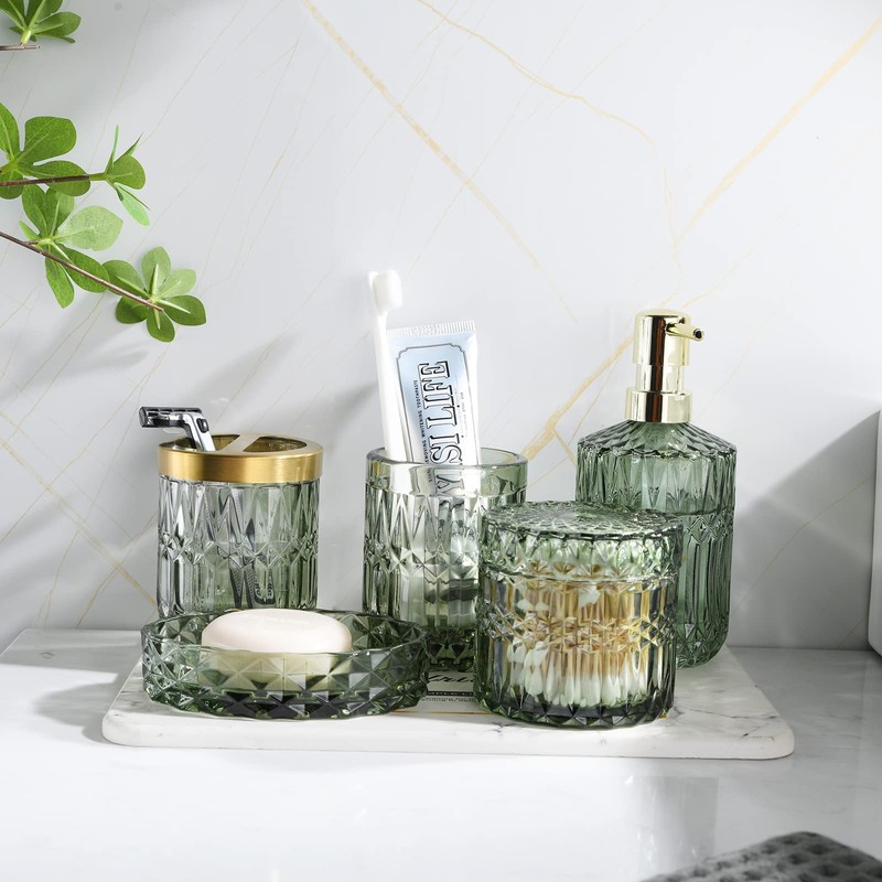 LaMarriti Green Bathroom Accessories Set, 5Pcs Clear Glass Bathroom Accessories,