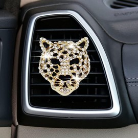 4Pcs Golden Bling Leopard Air Vent Clips, Crystal Car Air Fresheners Vent Clips Diffuser Vent Clip Rhinestone Leopard Decoration Interior Decor Bling Accessories for Women