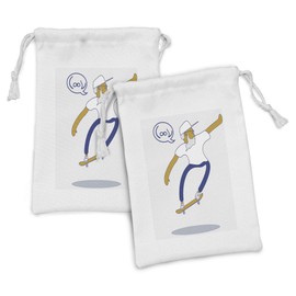 Ambesonne Indie Fabric Pouch Set of 2, Cool Hipster Old Man on Skateboard with Beard Sunglasses Urban Character, Small Drawstring Bag for Toiletries Masks and Favors, 9" x 6", Pale Coffee Blue White