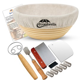 Sourdough Bread Starter Kit – 9 Inch Round Banneton Proofing Basket with Liner, Whisk, Bread Lame, Scrapers – Bread Proofing Basket for Sourdough Baking – Indonesian Rattan