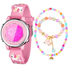 Pecochime Children's Digital Wristwatch, For Ages 6-12, Girls, 7 Colors LED, Waterproof, Stopwatch, Alarm, Jewelry Set, Necklace, Bracelet, Seal, Gift Box, unicorn pink, girly