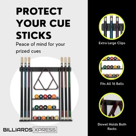 BILLIARDS XPRESS Pool Cue Rack - Pool Stick Holder Wall Mount With 16 Ball Holders & 6 Pack Of Chalk - Rubber Circle Pads & Large Clips Prevent Damage - Billiard Table Accessories For Man Cave (Black)