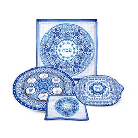 Aviv Judaica Prestigious Passover Seder Dinnerware Renaissance Set, Includes Round Porcelain Seder Plate, Square Matzo Tray, Silk Matza Cover & Afikoman Bag Magnificent Passover Decoration Dishware