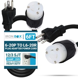 IronBox Electric 6-20P to L6-20R Plug Adapter Power Cord - 20A, 250V, 12/3 SJT - UL Listed Power Cord Extension Cable - Heavy Duty Plug and Connector for Generator, Data Centers & More (6ft, Build)