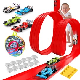 SKIKHN 4m Flexible Toy Car Track with Storage Bag,Flexible Car Track Play Set with 4 Cars and 12 Suckers, Roll Up Race Track for Loops,Jumps,Ramps with Suction Cups for Window,Door Ideal for Children