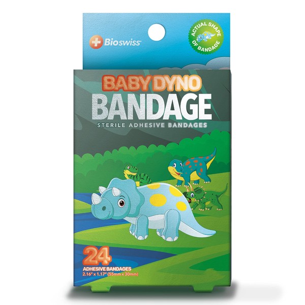 BioSwiss Bandages, Baby Dino Shaped Self Adhesive Bandage, Latex Free Sterile Wound Care, 24 Count