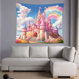 AAVEUP Rainbow Castle Tapestry Dreamy Pink Clouds Fairytale Wonderland Enchanted Princess Castle Tapestries for Nursery Boys Girls Bedroom Dorm Living Room Decor 30x40in