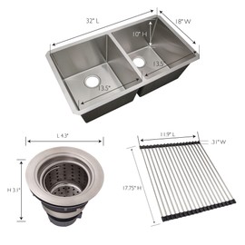 Design House 110080 Rectangular Double Bowl 32x18x10-inch 18-Gauge Undermount Stainless Steel Kitchen Sink Combo with Sink, Roll-Up Drying Rack and Drain Strainer Basket
