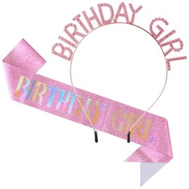 KAKULO Birthday Crown and Pink Glitter Sash Set for Women, Pink Rhinestone Headband, Happy Birthday Girl Decorations