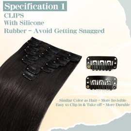 S-noilite Clip-In Real Hair Extensions, Natural Black, Remy Human Hair, 45 g, 20 cm, Thin Wefts, 8 Wefts, #1B
