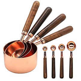 Measuring Cups and Measuring Spoons Set, Measuring Cup Spoon with Thickened Wooden Handle Rose Gold Stainless Steel Copper Plated Baking Tool,4 Measuring Cups + 4 Measuring Spoons