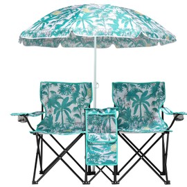 Ynredee Double Camping Chair with Removable Umbrella,Folding Two-Person Seat Beach Chairs with Cup Holder Cooler Bag,Folding Camping Loveseat Chairs for Sports Lawn Patio Outside (Pineapple)