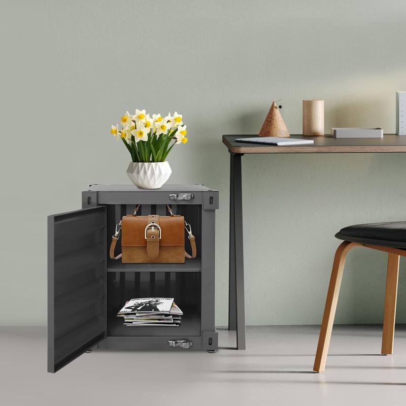 Industrial Metal Side Table with Storage Cabinet, Floor Standing Iron
