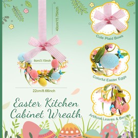 Hoteam 6 Pcs Easter Kitchen Cabinet Wreath with Plaid Bow Ribbon 8.7'' Mini Artificial Easter Egg Wreath Spring Berry for Front Door Window Wall Decor (Pink Bow)