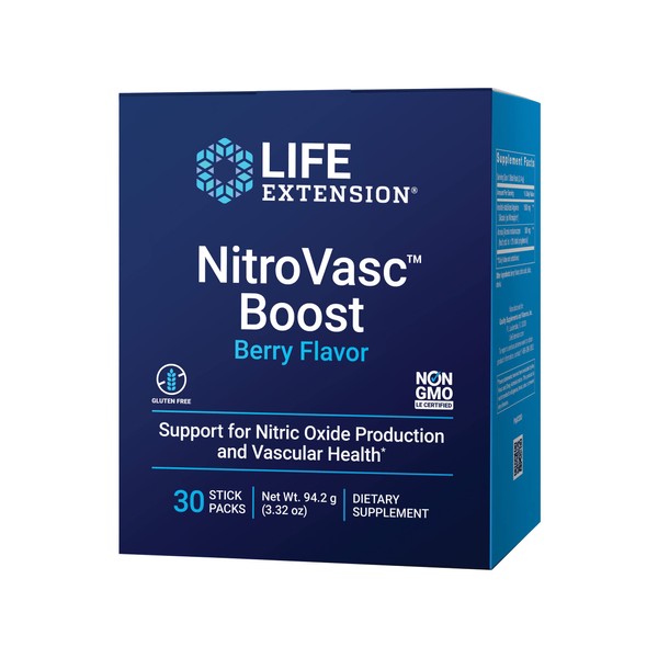 Life Extension NitroVasc Boost - Circulatory Health Supplement for Men - Arginine & Aronia for Nitric Oxide Production Support & Heart Health – Berry Flavor, Gluten-Free, Non-GMO – 30 Stick Packs