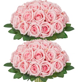 Serwalin 30pcs Artificial Roses Flowers, Pink Roses with Long Stems Realistic Fake Silk Roses Flowers for Wedding Bridal Bouquet Centerpieces Party Home Decor