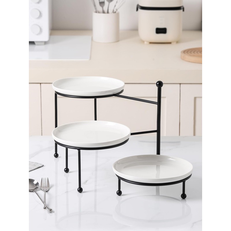 Kanwone 3 Tiered Serving Stand with White Porcelain Plates, Tiered