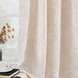 Olepangi Cream Beige Floral Curtains 90 inches Long for Living Room Rustic Farmhouse Light Filtering Drapes with Rod Pocket Textured Soft Cloth Curtain Decorative Panels Set of 2，W52xL90，Thin Beige