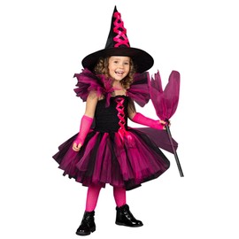 Kids Girls Witch Costume Fancy Tutu Dress Witch Princess Girl Fairy Dress Witch Hat Set 2 Pcs Puffy Fly Sleeve Tulle Dress