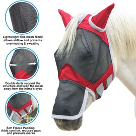 Gallopoff Horse Fly Mask with Ears & Long Nose Cover | Forelock Opening for Tangle-Free Mane Care | UV Protection & Breathable Mesh | No Rub Fit and Enhanced Visbility for Trail Riding Red Full