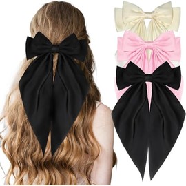 3Pcs Silky Satin Hair Bows Clips for Women Hair Bow Hair Bow Hair Bow Clips Hair Ribbons Oversized Long Tail Hair Bows Hair Barrettes Metal Clips for Hair Accessories (Style 1, One size)