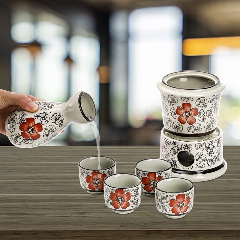 Foraineam Ceramic Sake Set with Warmer, Japanese Style Porcelain Hot