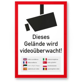 Komma Security Gelände Videoüberwacht Multilingual Sign 20 x 30 cm - Achtung Vorsicht Videoüberwachung - Warning Sign Video Surveillance - Warning Sign Video Surveillance