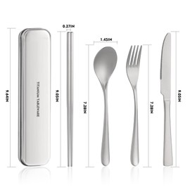 Titanium utensil travel set, portable lunch silverware set with box, including titanium chopsticks, spoon, fork, knife, reusable, suitable for, office, and outdoor dining (Titanium gray 4-piece set)