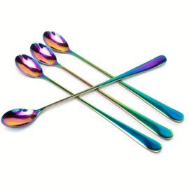 Long-handled ice tea spoon, cocktail stir spoons, stainless steel coffee spoons, Colored ice cream scoop (9 IN iridescence, Round)