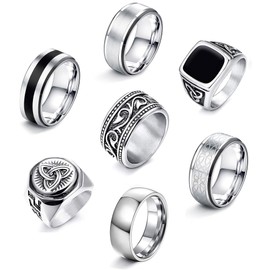 JeweBella Set of 7 Men's Stainless Steel Rings Silver Matt Polished Celtic Knot Vintage Rings Black Signet Ring Men's Engraving Gothic Biker Rings Set for Men, Stainless steel, silver, No Gemstone