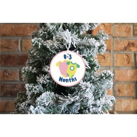 0-3 Month Baby Clothes Label v3, Joyride Home Decor, Ornament, 4 Inch Wooden, Round Ornament with White Ribbon, Christmas Decor, Gift Tag, Artist Designed.