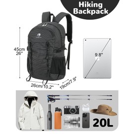 Outplea 20L Small Waterproof Hiking Backpack Men, Lightweight Small Travel Backpack for Outdoor, Black