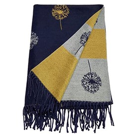 World of Shawls WINTER WARMER Reversible Thick Long DANDELION Print Fashion Scarf Blanket Wrap (Navy/Silver/Mustard)
